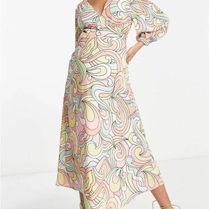 Twisted Wonder Maternity Dress. Elegant Pastel Swirl Long Sleeve Dress. Size 10